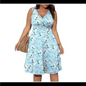 Blue and White Sleeveless Wrap Midi Dress